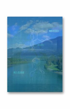 Overlaying river valley, displaying interface with grid overlay, DNA helix and brain