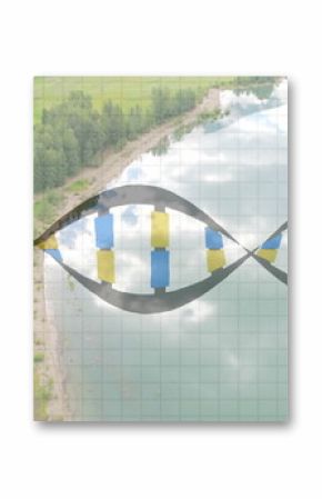 Hovering stylized DNA helix twisting above aerial forest peninsula and calm lake, with grid overlay