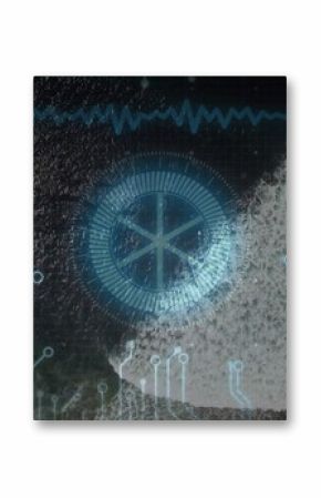 Circular HUD floating over coastal sea, showing breaking waves with circuit lines, waveform overlay