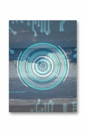 Overlaying circular HUD showing waveform on ocean wave, with turquoise circuit grid and code text
