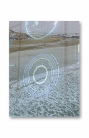 Displaying circular HUD overlaying sandy coastline, with radial chart, waveform, bar chart overlays