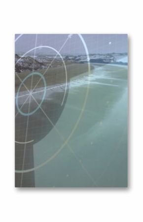 Displaying glacial lake view through radar HUD, with rings, grid lines, indicator dots and icebergs