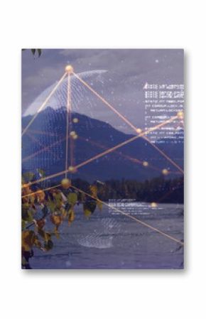Displaying digital network overlay at mountain lake with golden nodes, mesh globe and floating code
