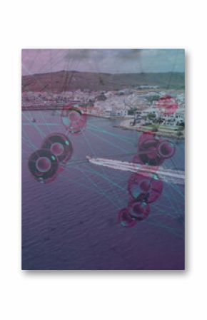Cutting small motorboat leaving wake trail through sea near hillside town, with sphere-line mesh