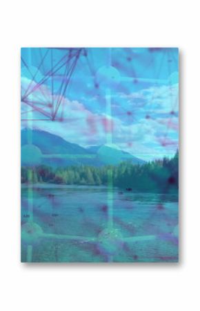 Superimposing molecular network graphic over mountain lake, with pebble shoreline and pine forest