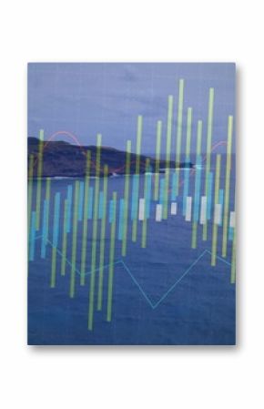 Displaying translucent chart across coastline with multicolored bars, red cyan lines and grid