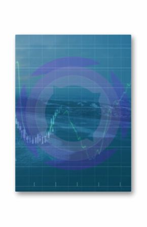 Financial chart hovering coastline at dawn, with grid digital line graph bars percentages highlight