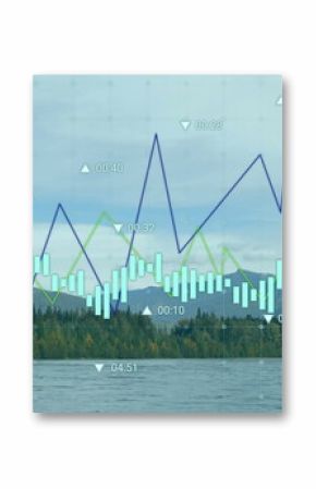 Displaying translucent financial data overlay across mountain lake scene, with bars and line graphs