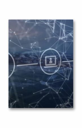 Displaying three circular user profile icons linking over sea at dusk, with network mesh overlay