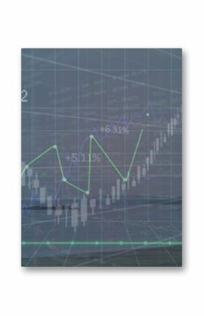 Floating chart showing candlestick bars and line graph above sea with grid plane, percentage labels