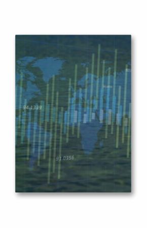 Displaying blue world map overlaying rippling lake water, with green yellow bars and numeric labels