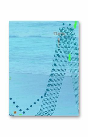 Overlaying translucent data visualization over beach shore and sea, dotted curve with bar charts