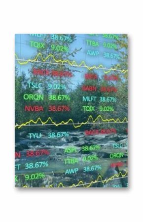 Displaying screen overlaying stock tickers with yellow line graphs on rocky river with conifers