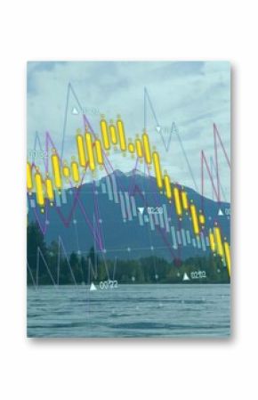Displaying yellow candlesticks hovering over mountain lake, magenta blue lines, markers, timestamps