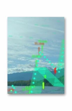 Overlaying riverscape with candlestick bars, grids and numbers over river water and mountains