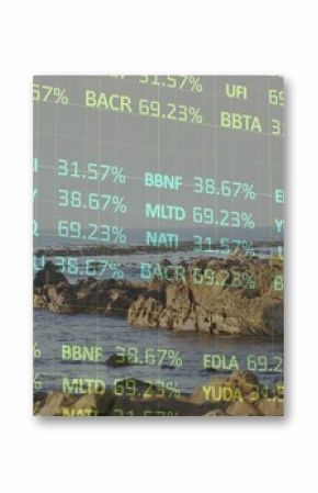 Displaying rocky coastline beneath translucent grid overlay at shore, with stock ticker codes
