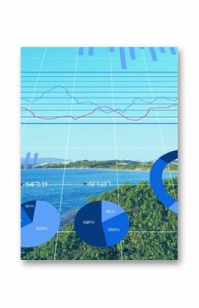 Floating blue ring chart hovering over lake and shrubs, showing grid, line, bar and pie charts