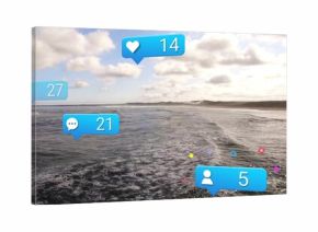 Displaying rolling ocean waves at beach, featuring bright blue social media engagement icons