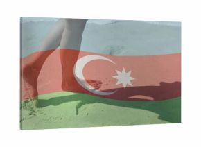 Walking bare lower legs and feet along sandy beach shoreline, with Azerbaijan flag overlay