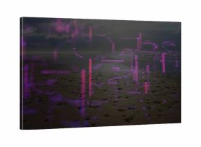 Displaying wet beach reaching calm sea on coast, with scattered footprints and neon glitch overlays