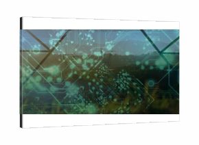 Displaying cyan-green circuit traces and nodes over calm lake at sunrise, with diagonal grid lines