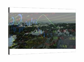 Showing jagged rock formations revealing tidal pools on coastline, with floating financial graphics