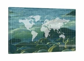 Displaying clear grid overlay showing world map with timestamp entries and hex codes at rocky beach