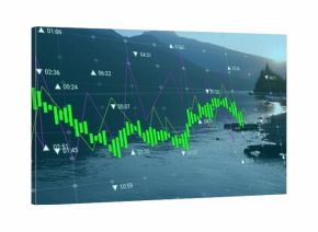 Overlaying translucent data on rocky lake shore at dawn, with green bars purple and yellow lines