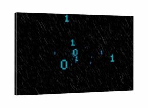 Flowing grey-white streaks mimicking code rain across virtual screen, with glowing cyan binary bits