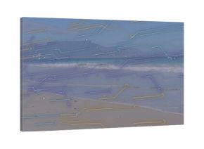 Showcasing sandy shoreline meeting gentle turquoise ocean waves at beach, with scattered shells