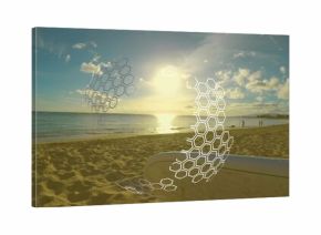 Surfboard lying on golden sand at beach near beachgoers, with hexagonal overlays hovering