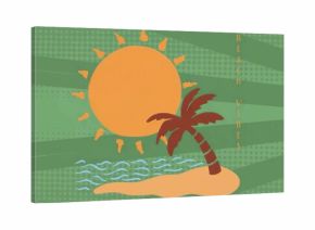 Beach graphic showcasing orange sun, islet, palm, blue wave, vertical BEACH VIBES on green halftone