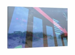 Overlaying translucent data with bar charts tinting dune path, showing red falling arrow and bench