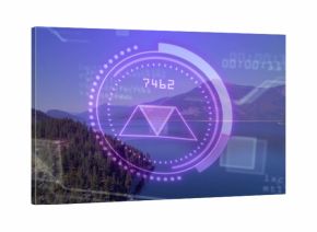 Floating translucent purple circular HUD overlay displaying dotted ring prism 7462 over alpine lake
