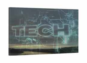 Projecting translucent neon-outline TECH wordmark with holographic circuits across river at dusk