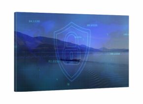 Floating holographic shield with padlock over mountain lake at morning, showing boat grid telemetry