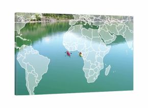 Paddling two kayakers across calm green lake with colorful kayaks, life jackets, world map overlay