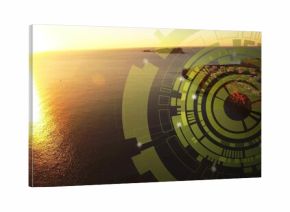 Displaying circular HUD overlay hovering over coastal settlement during sunset glare, copy space