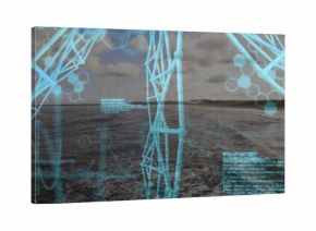 Displaying ocean wake moving toward right coastline at sea, showing cyan wireframe and hexagons