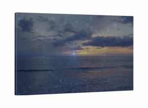 Glowing sun with centered HUD overlay reflecting on ocean at sunset, showing right coastline