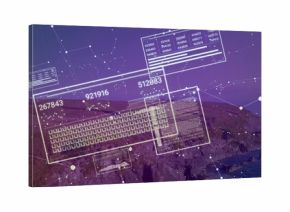 Displaying AR HUD panels overlaying coastal cliffs at dusk, with keyboard grid and ID codes