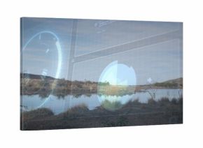 Displaying shallow pond and grassy banks reflecting dead tree at remote marsh, with HUD overlay