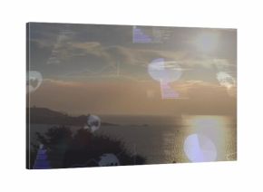 Bathing centered sun casting vertical reflection over calm sea near dark headland, with HUD charts