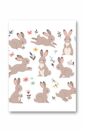 Rabbits collection. Vector illustration of cute cartoon brown bunny in different poses and actions: sitting, jumping laying. Isolated on white