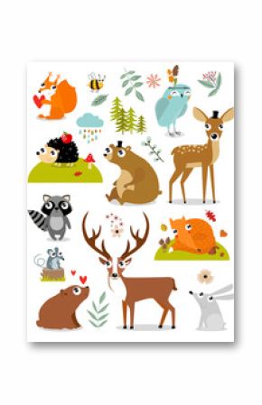 Print. forest animals collection including deer, bear, squirrel, fox, hedgehog, fawn, hare, raccoon, mouse, owl, bee. autumn forest. Cartoon animals. Cartoon characters. 