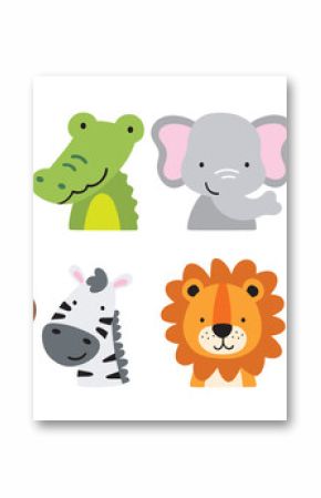 Cute wild safari jungle animals including a tiger, crocodile, alligator, elephant, giraffe, monkey, zebra, lion, and hippo. Vector illustration of jungle animal faces and heads.