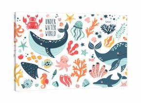 Big creative nautical clipart with marine inhabitants. Jellyfish, octopus, ramp, clown fish, crab, sea horse . Vector illustration