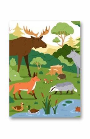 Forest animals in wild nature. Environment landscape with trees and habitats. Biodiversity of flora and fauna in temperate woods. Wildlife in woodland panorama. Colored flat vector illustration