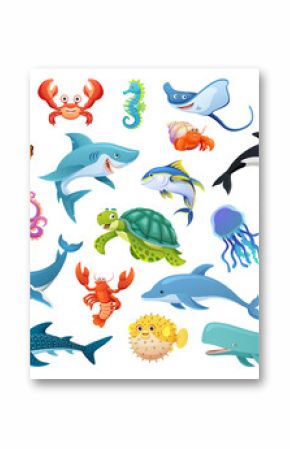 Set of fish and sea animals in cartoon style