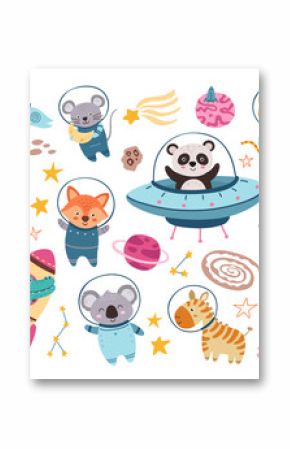 Space animals set. Panda astronaut in spaceship, cartoon animal. Dog, fox tiger in suit, crocodile in rocket explorer universe. Adventure neoteric vector set